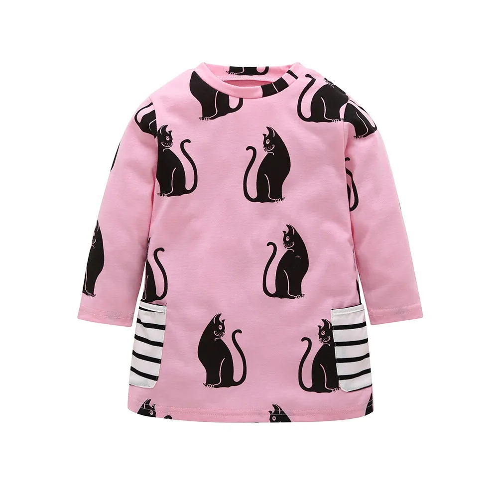 ARLONEET/ г.; детская одежда с круглым вырезом для маленьких девочек; платье в полоску с рисунком кота; Прямая поставка; Nov7 - Цвет: pink