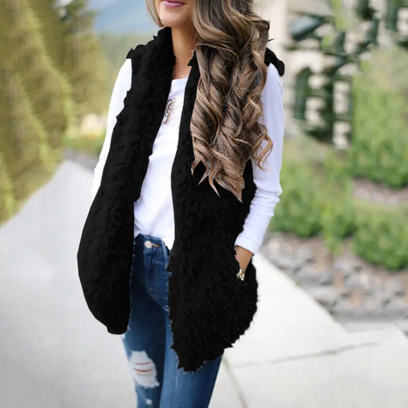 Новая зимняя флисовая жилетка женская теплая наружная одежда жилет длинный тонкий жилет из искусственного меха куртка зимняя женская модная повседневная куртка - Цвет: Черный