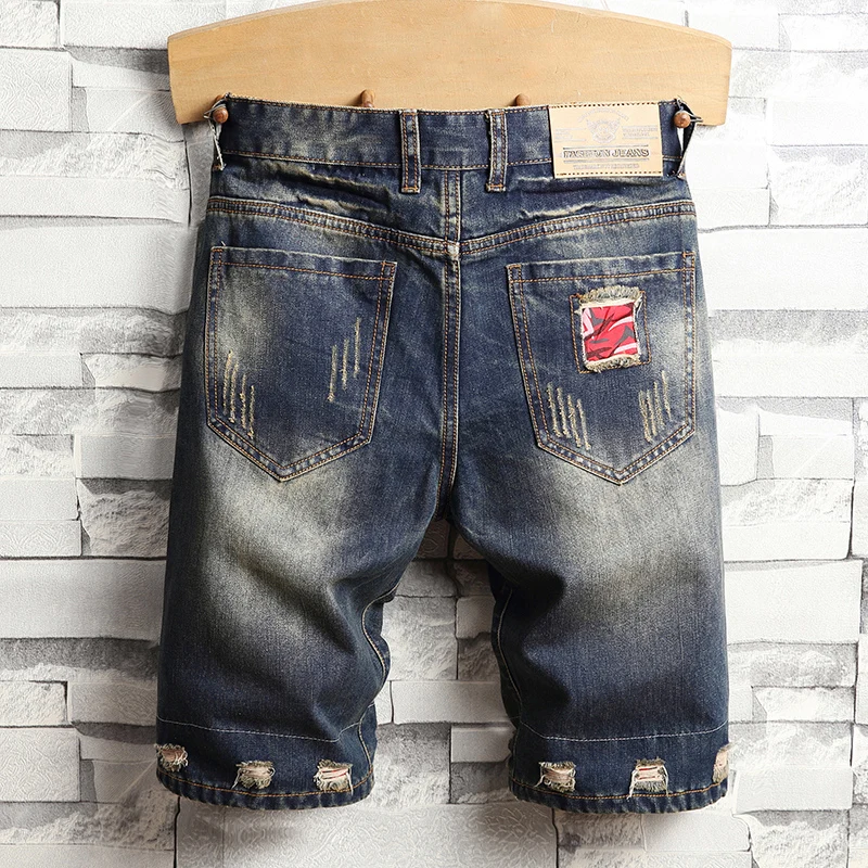 Летние новые винтажные рваные мужские джинсы синего цвета Короткие уличные бермуды в стиле хип-хоп повседневные Прямые шорты из джинсовой ткани размер 28-40