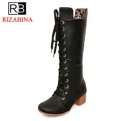 RizaBina Размеры 31-43 женские ботинки на высоком каблуке теплые меховые сапоги до колена на шнуровке ботинки с круглым носком Модная элегантная