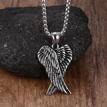 Mprainbow Men Necklaces Stainless Steel Gothic Vintage Double Angel Wings Pendant Collier Kolye Mens Fashion Biker Jewelry 24"