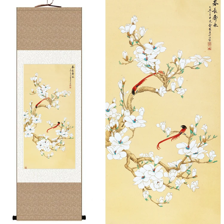 

Chinese Original Silk watercolor flower and birds ink Magnolia art feng shui canvas wall damask picture framed scroll painting