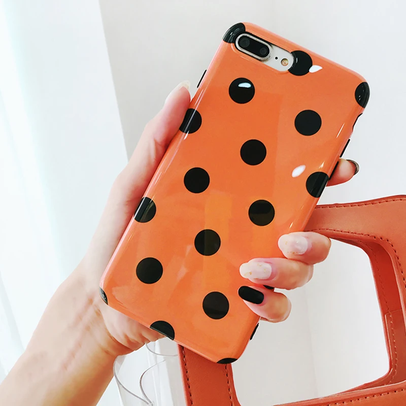 

Cute Summer Orange Color Dot Phone Case For iPhone 6 6S 7 8 Plus X 10 Glossy Soft IMD Phone Back Cover Girl Cases Coque