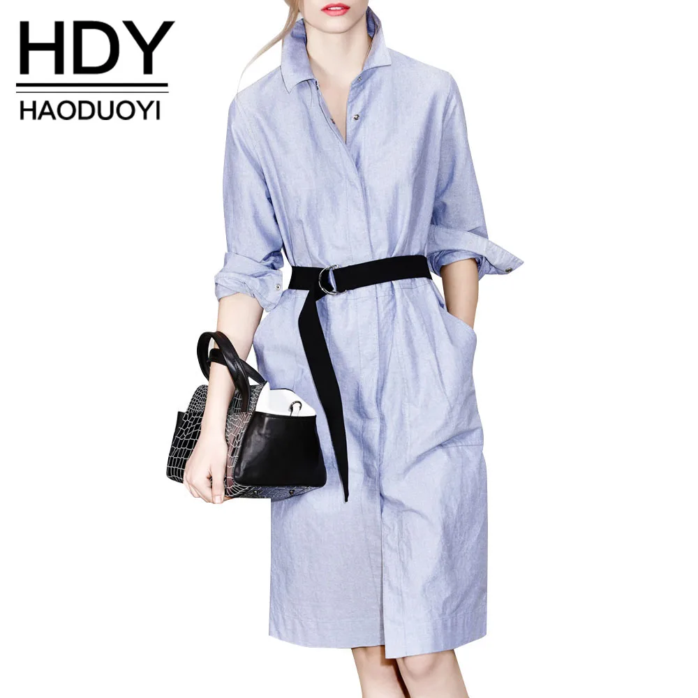 

HDY Haoduoyi Solid Stand Collar Long Sleeve Knee-lengt Dress Casual Brief Single Breasted Tie Waist Pocket Shirt Dress