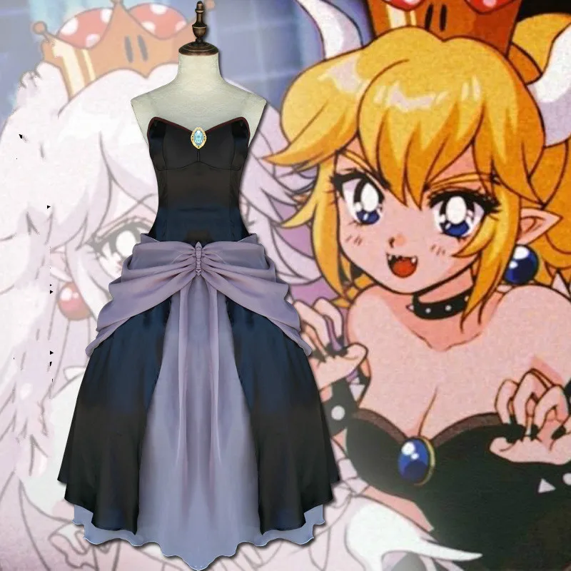 

Super Mario Princess Bowsette Cosplay Costume Dress Kuppa Koopa Hime Black Dress Costume Adult Halloween Carnival Party Costume