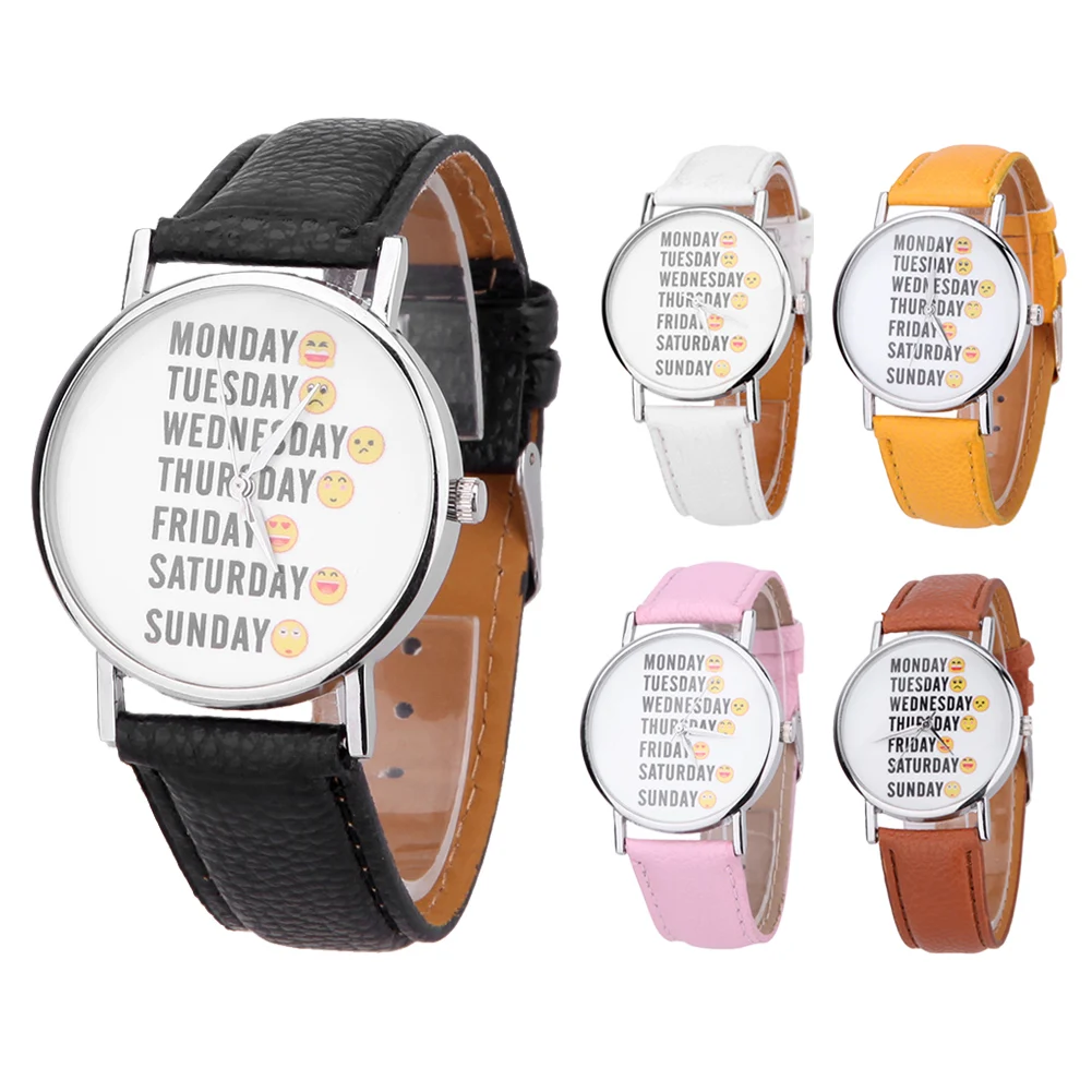 

2018 Funny Korea Style with 7 Week Day and Cute Different Expression Leather Quartz Stuendts Watch Give You Different Motion