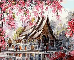 

MaHuaf-X1280 Japan Cherry Blossom Temple Framed DIY Painting By Numbers Modern Wall Art Picture Handpainted For Home Decor