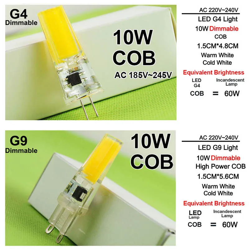[DS 10 piezas regulable COB G4 G9 bombilla LED 6 W 10 W AC 220 V DC 12 V LED lámpara LED luz cristal Lampadine Lampara ampolla bombilla LED G4