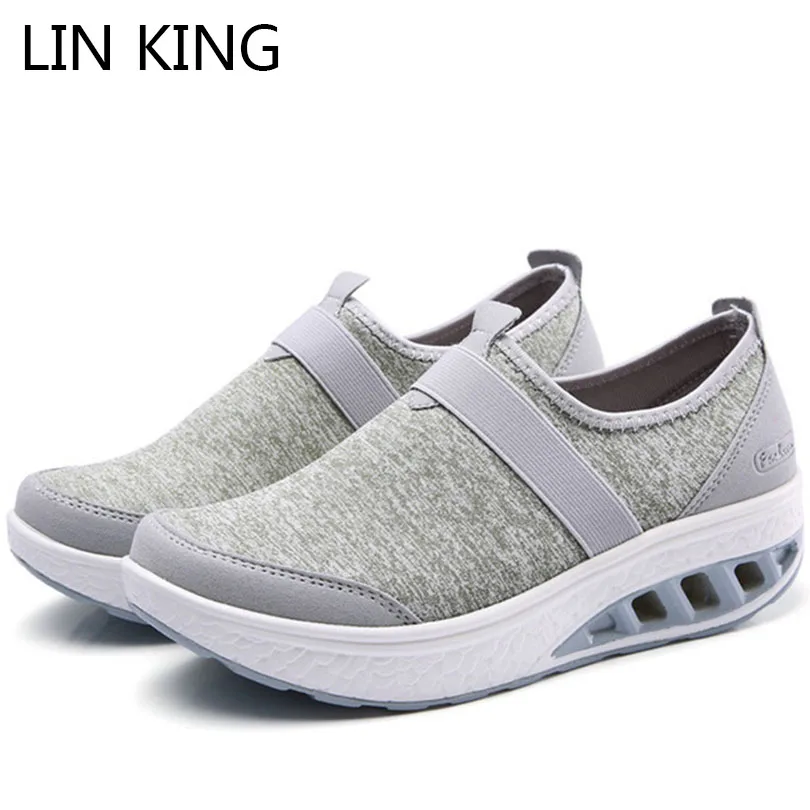 

LIN KING Breathable Knit Mesh Women Casual Slip On Comfortable Outdoor Sport Sneakers Spring Autumn Height Increase Swing Shoes