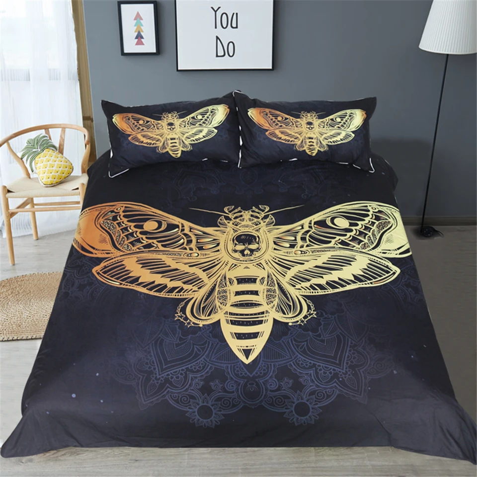 Death Moth Bedding Set Skull Duvet Cover Black and Golden Home Textiles for Adults Butterfly Boho queen king size Bedclothes | Дом и сад