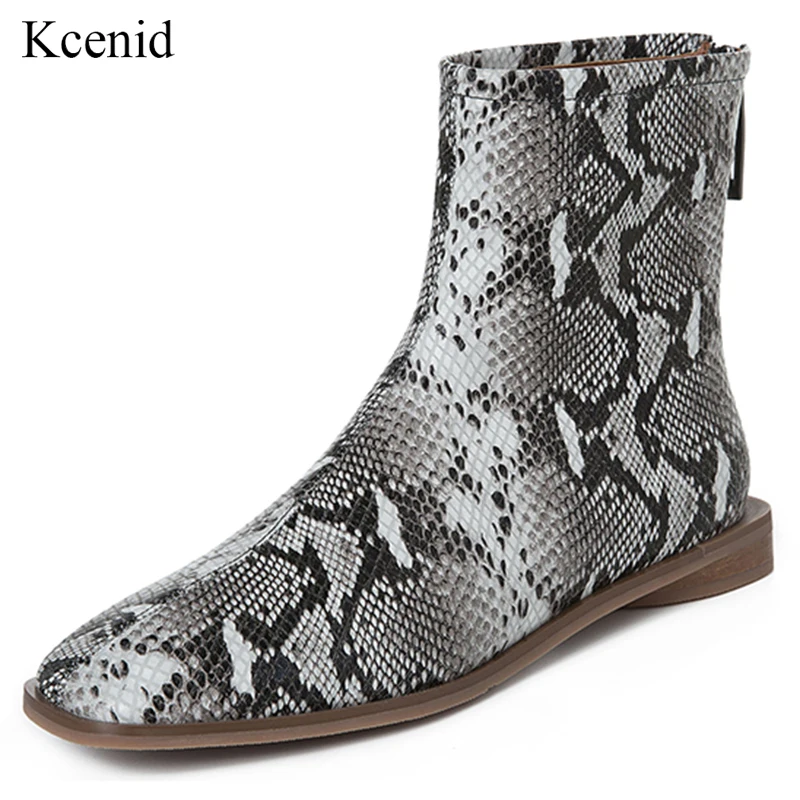 

Kcenid genuine leather snake flat ankle boots for women square toe zipper chelsea boots autumn casual shoes woman plus size 43