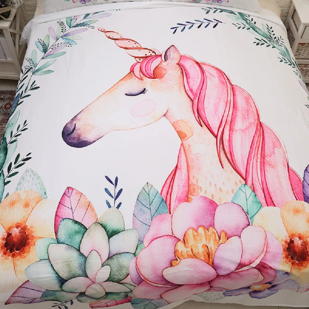 

Dropshipping Duvet Cover Set Pink Unicorn Olive Floral Design Bed Linen Set with Pillowcase 3 Piece Microfiber Girls Bedding Set
