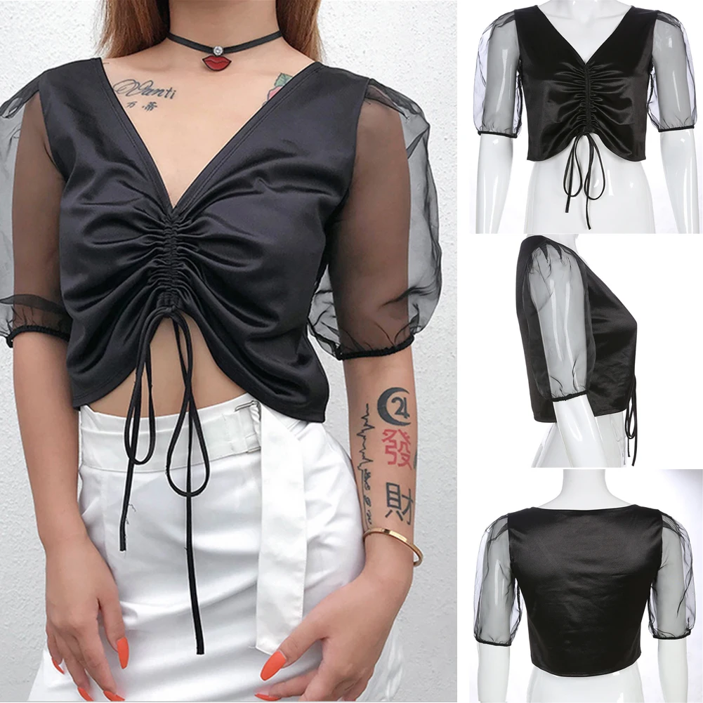 

Summer Woman Shirts Pleated Screen Yarn Crop Tops Spliced Blouse Deep V Neck Lace Drawstring Mesh Lantern Sleeve