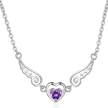 

Heart Purple Zircon Wings Pendant Necklaces For Women Adjustable Short Clavicle Chain Choker 925 Sterling Silver Jewelry SAN48