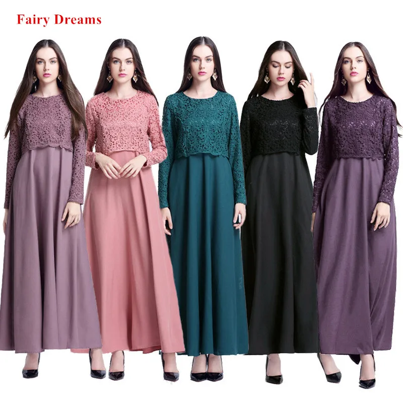 

Women Abaya Dubai Islamic Clothing Chiffon Bandage Maxi Muslim Dress Black Green Pink Lace Bangladesh Kaftan Turkey Robe 2019