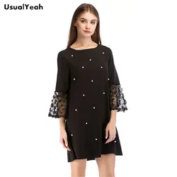 UsualYeah Sweet Lady черный Бисер платье с кружевной аппликацией с расклешенными рукавами линия мини-платье с рукавами 3/4 Повседневное короткое