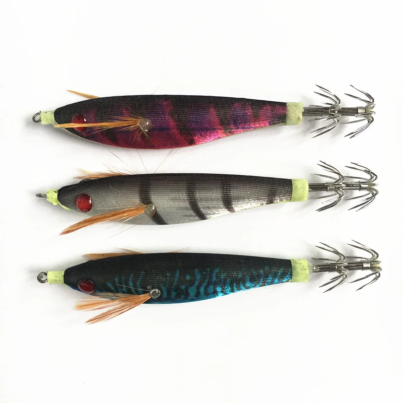10Pcs Artificial Round Belly Wood Shrimp Squid Jigs 10cm 10g Jigging Squid Hook Trout Lure Fishing Tackle Squid Lure