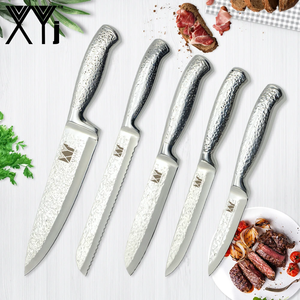 

XYj 5pcs Stainless Steel Kitchen Knives Set Hammer Pattern Blade Bend Handle Chef Bread Steak Santoku Paring Knives Tools