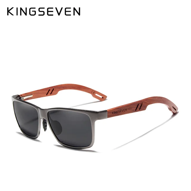 KINGSEVEN Design Handmade Natural Bubinga Wooden+Aluminum Sunglasses Men Polarized Fashion Sun Glasses Square UV400 Gafas De Sol Gun Gray