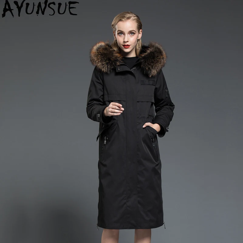 AYUNSUE, парка с натуральным мехом,, зимняя куртка для женщин, натуральный мех кролика, подкладка, длинное пальто для женщин, Воротник из меха енота, теплые парки MY3589