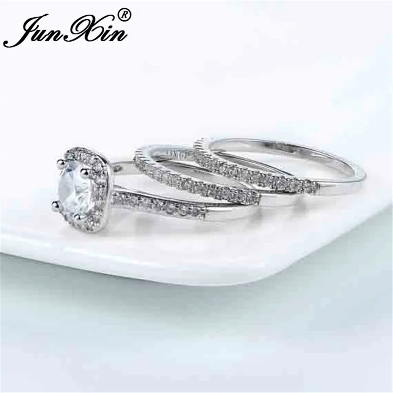 JUNXIN 80% OFF! Bridal Set Female White Crystal Engagement Ring Sets For Women 925 Silver Rose Gold Filled Square Zircon Jewelry