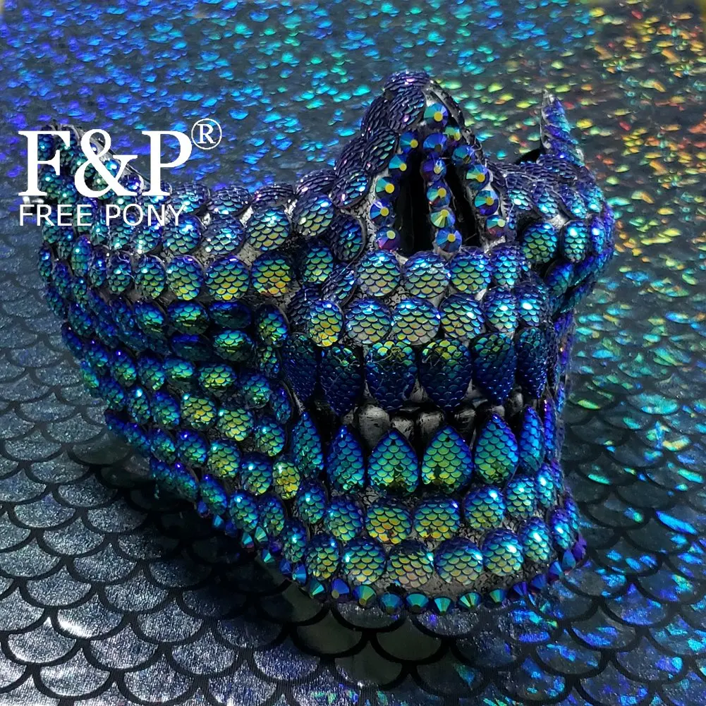 

Holographic Mermaid Scale Burning Man Half Face Skull Mask Costume Summer Musical Festival Rave Clothes Outfits Gear