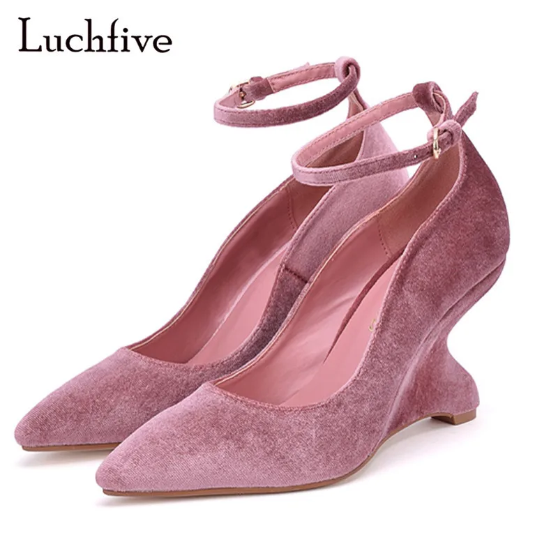 

Luchfive 2018 Newest Fetish Velvet Strange High Heels Pumps Shallow Mouth Ankle Strap Spring Summer Wedding Shoes For Women