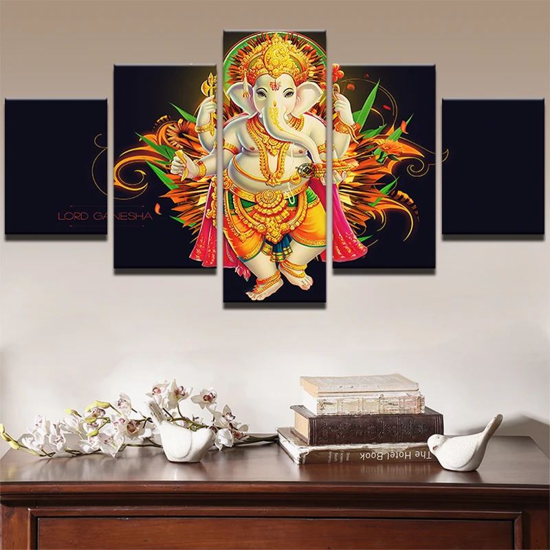 Home Decor Canvas Painting Abstract Wall Decorative Paintings 5 Panel Elephant God Ganesha Modern Pictures Wall Art Frame