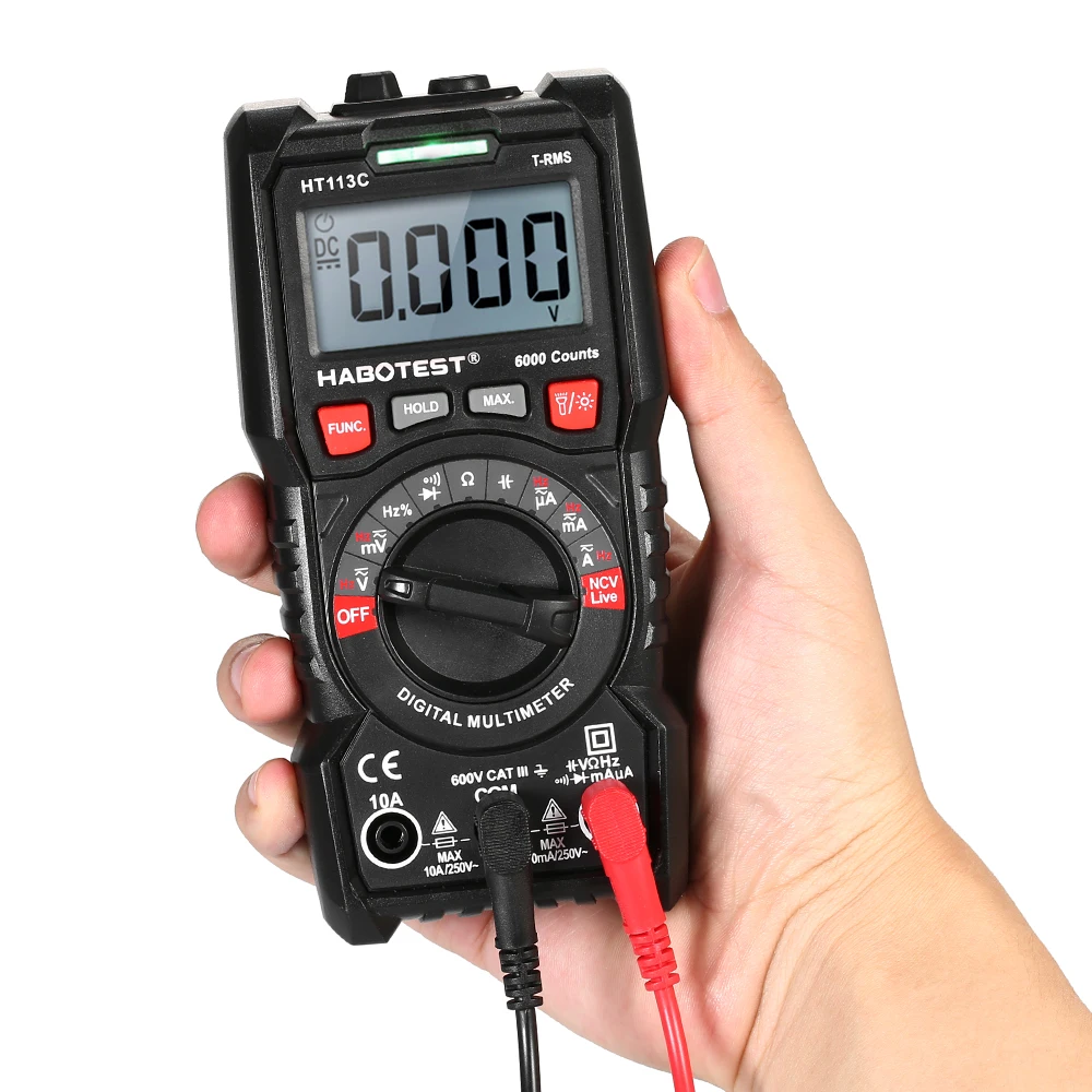 

HABOTEST HT113C Digital Multimeter ESR Meter True RMS 6000 Counts Voltmeter Ammeter NCV Tester with LCD Backlight Flashlight