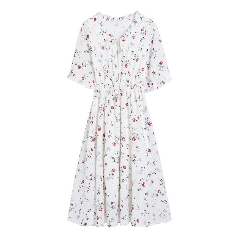 

2018 Japanese style summer white floral print chiffon dress women short sleeve long flower dress
