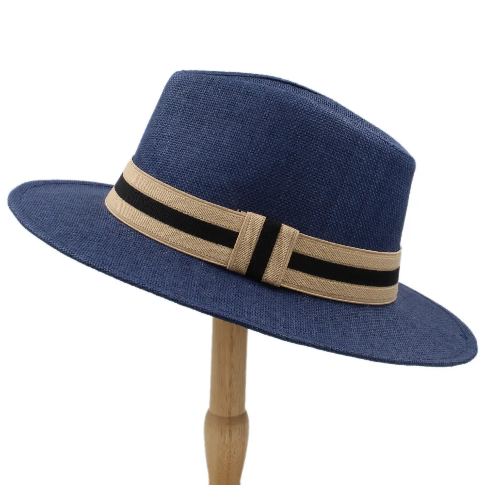 Мода для женщин и мужчин соломенная шляпа от солнца с широкими полями Панама шляпа для пляжа фетровая шляпа в стиле джаз шляпа размер 56-58 см - Цвет: Dark Blue