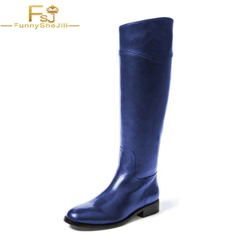 Indigo Blue Shiny Mid Calf Polyurethane Zip Solid Low Chunky Heel