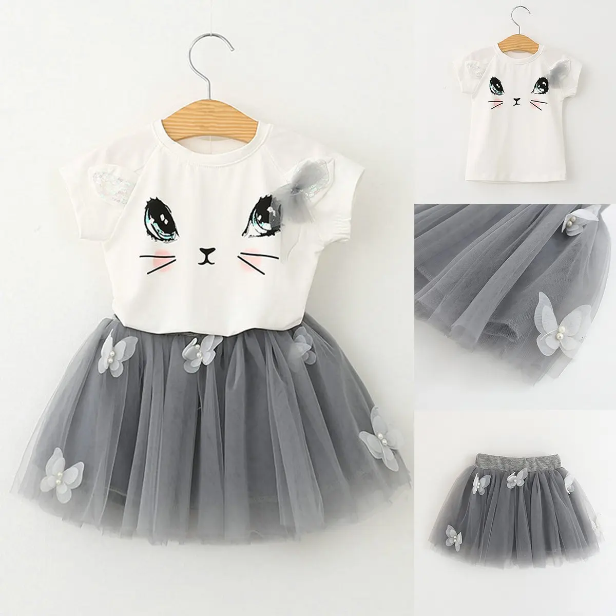 Комплект из 2 предметов; футболка с милым рисунком кота; Топ и фатиновая сетчатая юбка; комплект для маленьких девочек; летняя одежда
