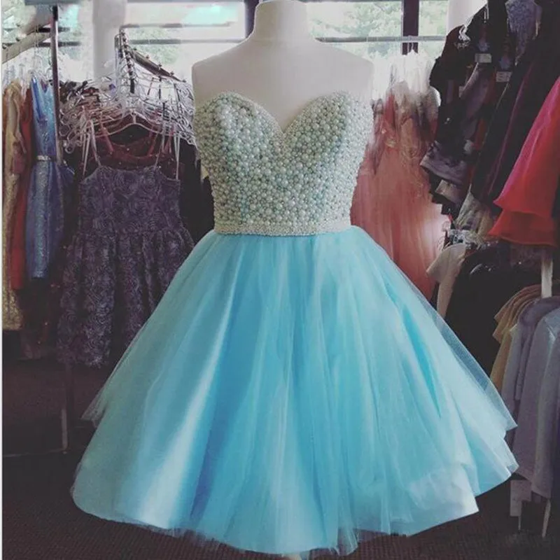 

Elegant 2017 Homecoming Dresses A-line Sweetheart Short Mini Pink Tulle Pearls Beaded Cocktail Dresses Tailor-made