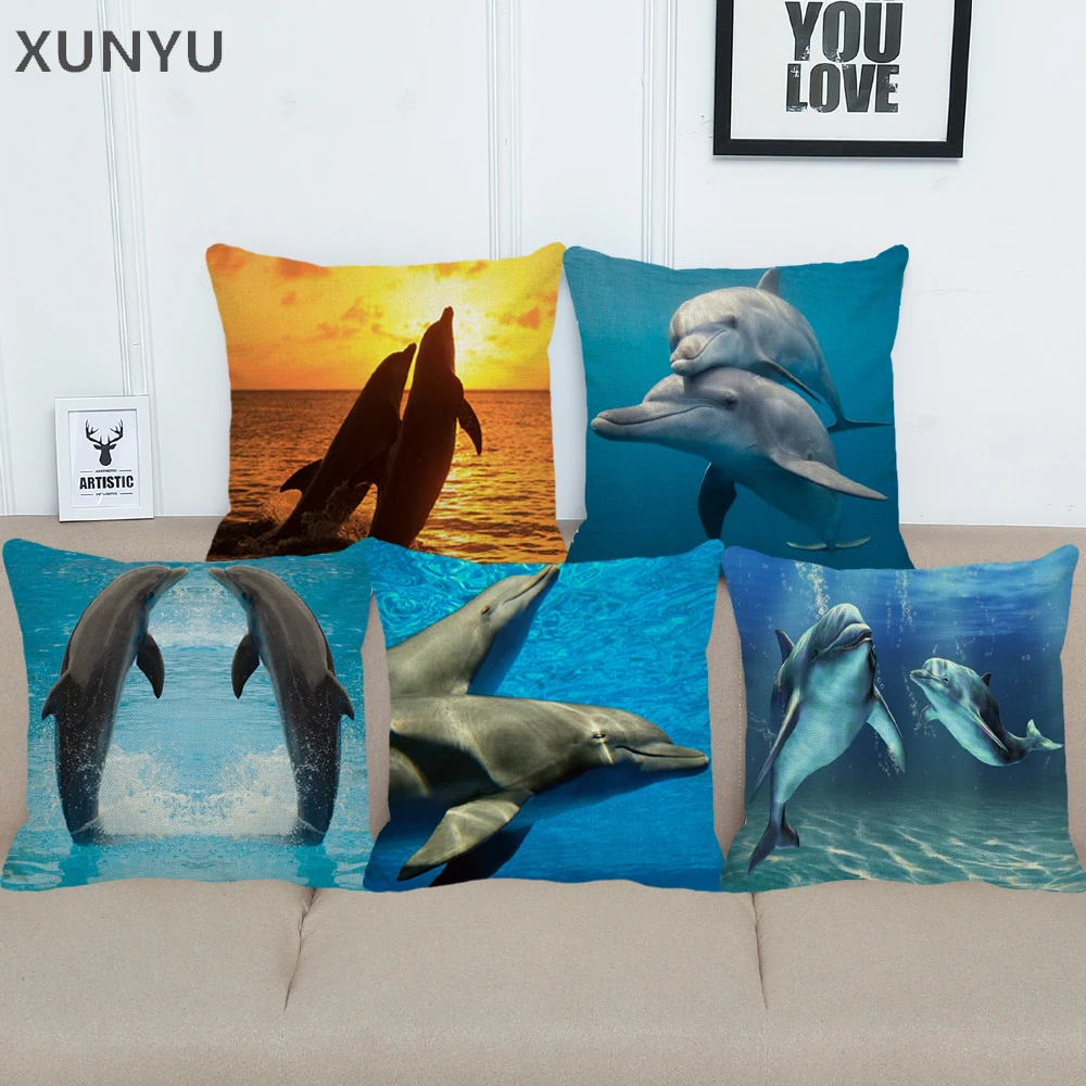 

XUNYU Cushion Cover Cute Animal Dolphin Patterns Square 18 Inch Pillowcases Linen Pillow Cover Sofa Decorative Pillow Case