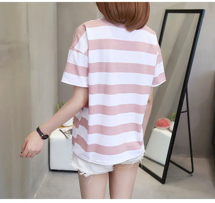 New 2018 Fashion Candy Colors Striped T-shirt Women Summer Short Sleeve Tshirts Ladies T-shirts Letter Print Camiseta Mujer (5)