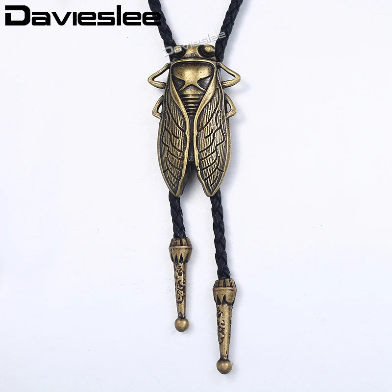 Davieslee ожерелье для мужчин женщин бронзовая Цикада Боло галстук кулон черная кожаная цепочка западный ковбой Регулируемый LUN125