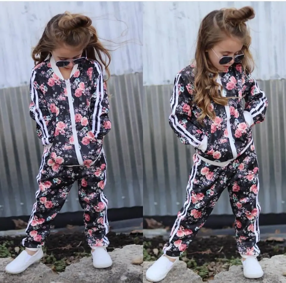 Fashion Kids Toddler Girls Tracksuit Sets Floral Long Sleeve Bomber Jacket Sweatshirt Tops+ Long Jogger Pants 2PCS Outfits 2-7Y