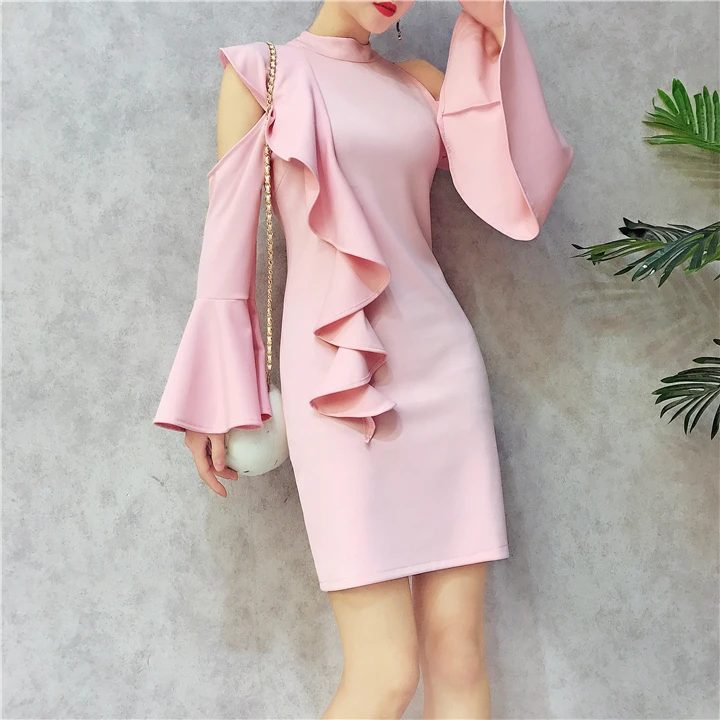 2018 New Spring Summer Women Elegant Ruffles Shoulder FlareSleeve Slim Dress Sexy Black Mini Pink Party Dresses Sweet Lady |