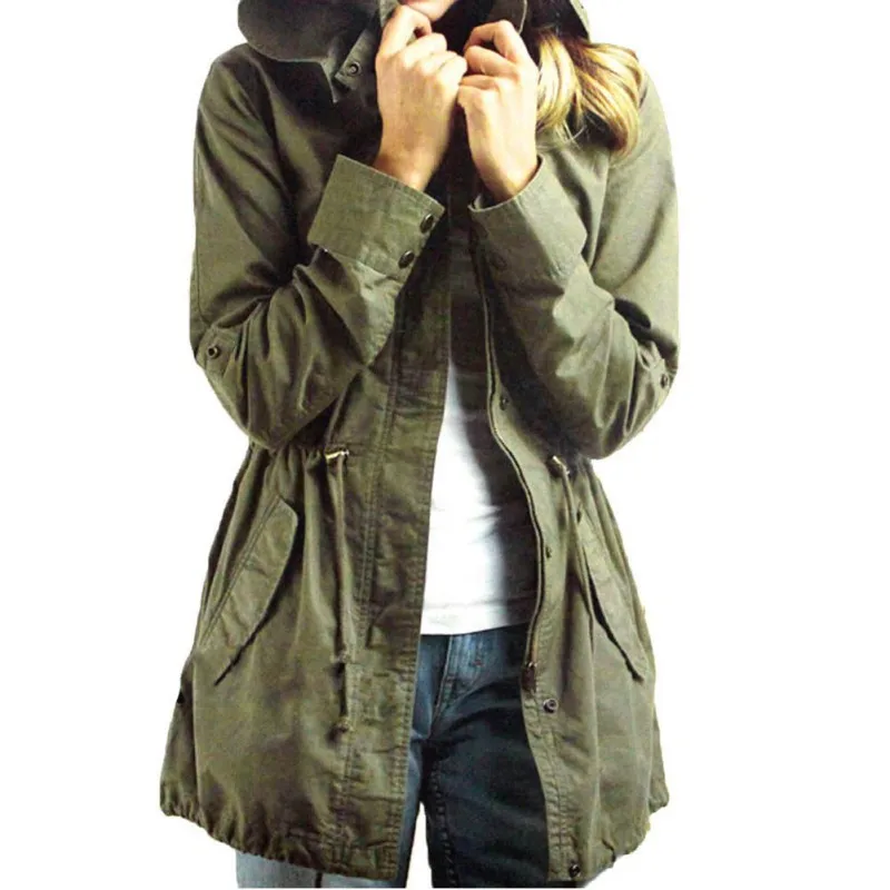 

Autumn Spring Winter Womens Army Green Military Hooded Coat Army Green Cotton Blend Jacket