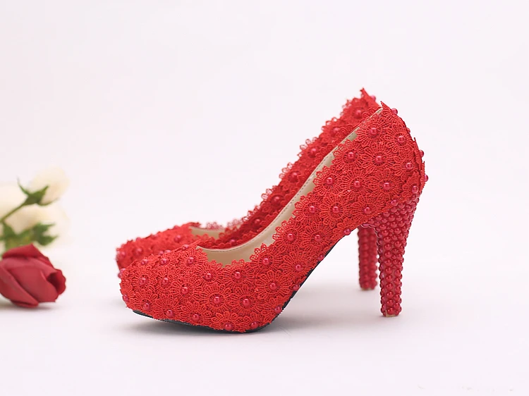 Women Fashion Sweet White red Flower Lace Platform High Heels Pearls rhinestone Wedding Shoes Bride Dress Shoes