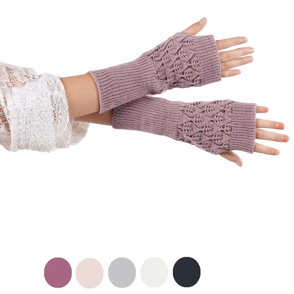 

winter Warm Hollow Out Leaves Knitted Gloves fashion Guantes mujer Luvas femininas para o inverno solid Gloves without fingers