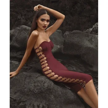 

New 2017 Women Sexy Wine Red Bandage Dress Chic Hollow Out Sleeveless Dresses Strapless Backless Celebrity Party Bodycon Dress