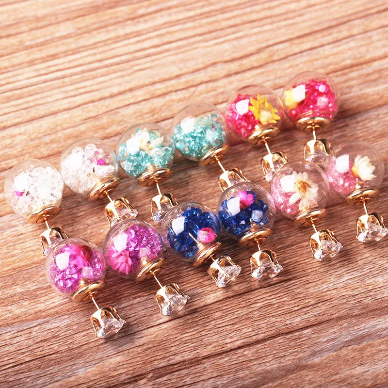 

Colorful Earrings Broken Crystal Glass Ball Flower Stud Earrings For Women Double Sided Gold plating Romantic fashion Jewelry