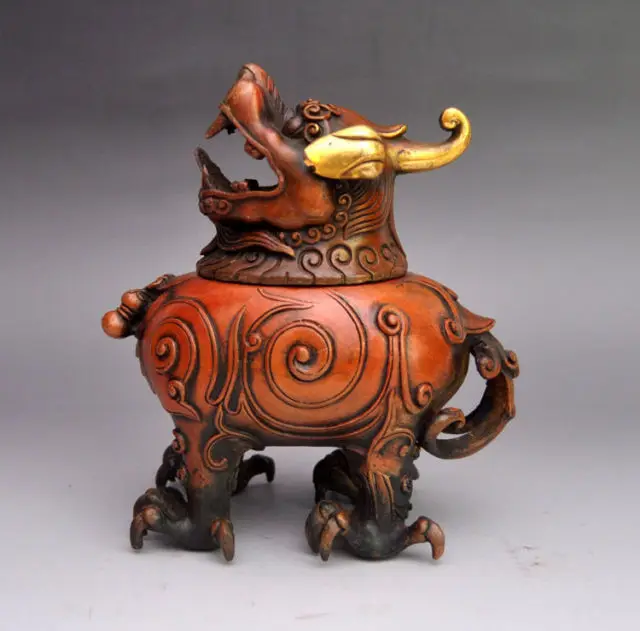 

15 cm * / China Bronze Gilt Handwork Carved Pixiu Incense Burner & Lid