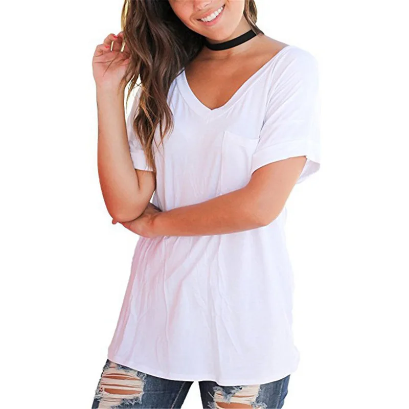 Модальная Летняя женская футболка с v-образным воротником и карманом, однотонная повседневная женская футболка с короткими рукавами, большие модные топы для