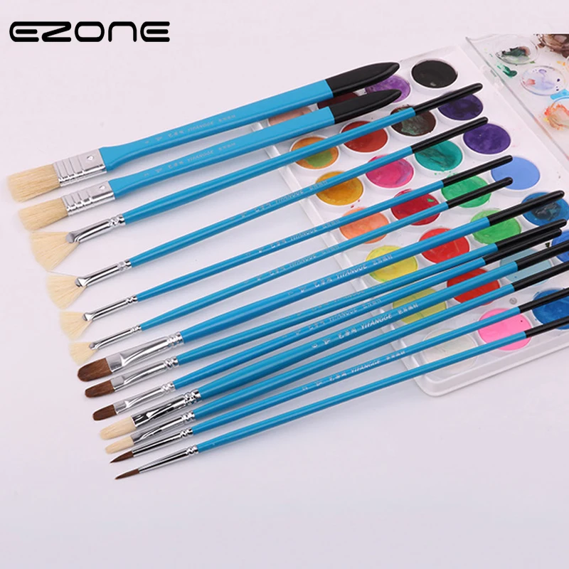 Goedkoop EZONE 13 stks Penselen + 1 st Tas Set Verschillende Vorm Size Borstels Voor Aquarel Olie Acryl Gouache office Supply