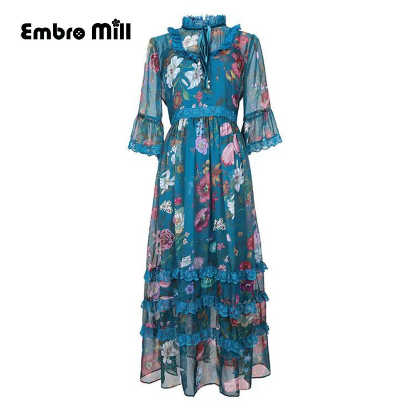 

The New spring Celebrity style Standing collar printing Beach dress Seven-quarter Ruffle sleeve Mid-length skirt dress S-XL