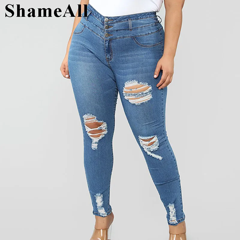 

Plus Size Button Up Light Blue Hole Ripped Skinny Long Jeans 4XL Spring Autumn High Waist Women Stretch Denim Pants