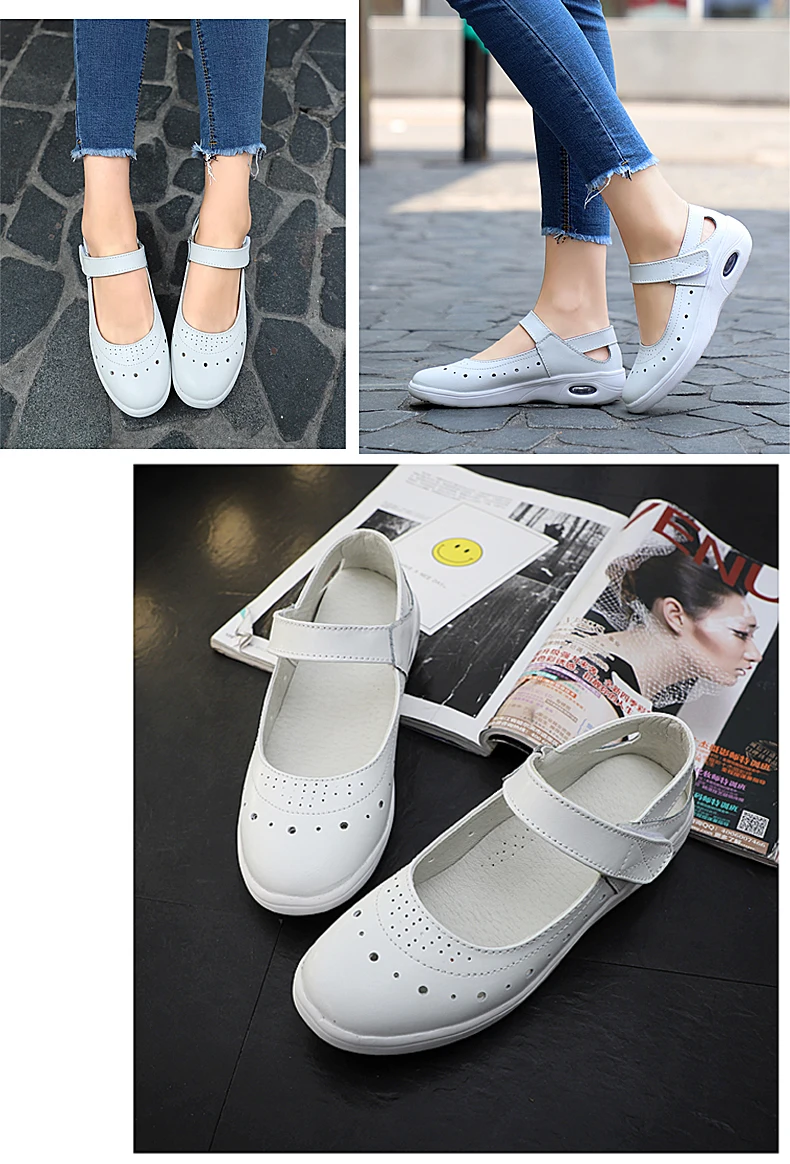 2019 Summer Genuine Leather Women Flats Shoes Non-slip Woman Ballet Flats Nurse White Ladies Shoes (5)